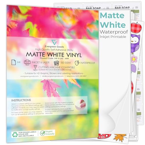 Evergreen Goods 300 Blatt, selbstklebend, mattweiß, wasserfest, A4, Vinyl (PVC), hochwertig, für Tintenstrahldrucker, Laserdrucker von Evergreen Goods Ltd