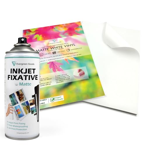 Evergreen Goods 300 Blatt A4 wasserfestes selbstklebendes mattweißes Vinyl-Aufkleberpapier & mattes Tintenstrahl-Fixierspray | Tintenstrahl- und Laserbedruckbares Aufkleberpapier | Druck-Fixierspray von Evergreen Goods Ltd