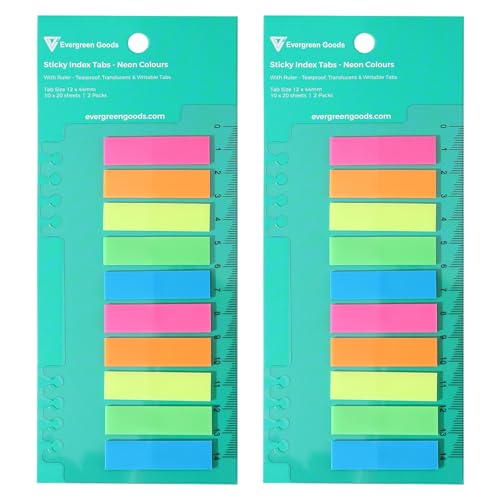 Evergreen Goods Haftnotiz-Marker, 2 Stück, 400 Blatt, 10 Farben, 44 mm x 12 mm, beschreibbare und repositionierbare Haftnotiz-Marker mit 14 cm transparentem Lineal für Notizbücher, Spiralbindung, von Evergreen Goods Ltd