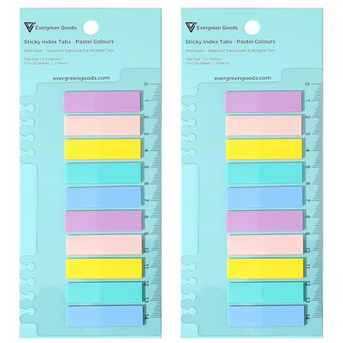 Evergreen Goods Haftnotiz-Marker, 2 Stück, 400 Blatt, 10 Farben, 44 mm x 12 mm, beschreibbare und repositionierbare Haftnotiz-Marker mit 14 cm transparentem Lineal für Notizbücher, Spiralbindung, von Evergreen Goods Ltd