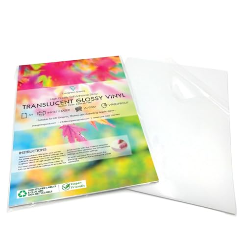 Evergreen Goods Ltd 10 Aufkleberbögen A4 halbtransparent niedrige Opazität glänzende Oberfläche selbstklebende Vinyl-Aufkleber - klares wasserfestes Druckpapier für Tintenstrahl-Laserdrucker von EVG