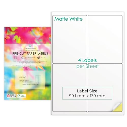 Evergreen Goods Multi-Aufkleber-Etiketten, A4, vorgeschnitten, mattweiß, 120 Etiketten insgesamt, 2 x 2, 4 pro Blatt, 30 Blatt, Inkjet- und Laserbedruckbar, selbstklebende Rückseite, von Evergreen Goods Ltd