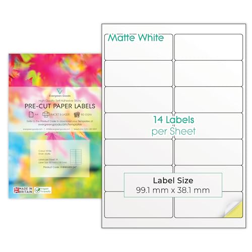 Evergreen Goods Multi-Aufkleber-Etiketten, A4, vorgeschnitten, mattweiß, 2800 Etiketten insgesamt, 2 x 7, 14 pro Blatt, 200 Blatt, Inkjet- und Laserdrucker, selbstklebende Rückseite, selbstklebendes von Evergreen Goods Ltd