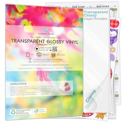 50 Blatt hochwertige A4 klar/transparente Vinyl glänzend selbstklebende Aufkleber Qualität Inkjet bedruckbar nicht wasserdicht glänzende Oberfläche - Machen Sie Ihre eigenen Aufkleber, Produktetiketten, Schilder und mehr von EVG