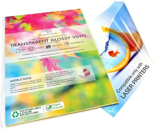 Transparente, selbstklebende Vinylfolie, A4, transparent, selbstklebend, Laserdrucker, 20 Blatt von Evergreen Goods Ltd