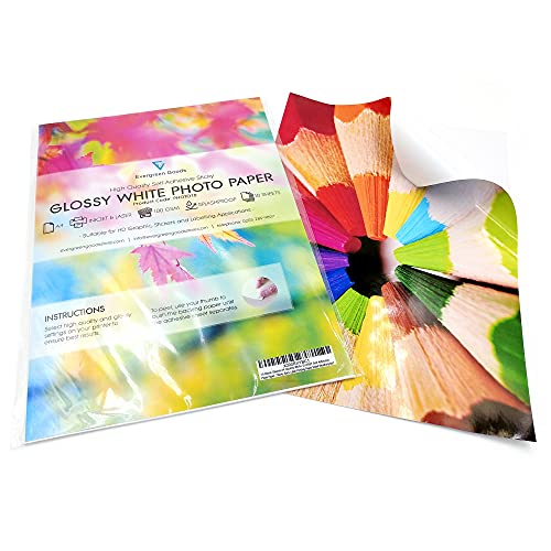 Evergreen Goods 10 Blatt A4 glänzend weißes selbstklebendes wasserfestes Fotopapier, Blanko-Bilderpapier für Tintenstrahl- und Laserdrucker, Ideales Druckpapier für HD-Grafiken, Aufkleb und Etiketten von Evergreen Goods Ltd