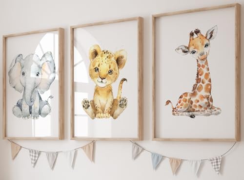 Eviepops Prints Set aus 3 Safaritieren für Kinderzimmer von Jungen und Mädchen, Ungerahmter Druck, Schlafzimmerdekor, Kinder Wandkunst, Dekor im Babyzimmer Spielzimmer-Poster löwe elefant giraffe (A3) von Eviepops Prints