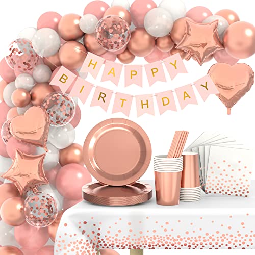 Rosegold Partygeschirr Set, Geburtstag Party Geschirr, Pappteller Kindergeburtstag Set für Geburtstagsdeko Mädchen Partys, Geburtstags, Hochzeit, Jubiläen, Babyparty 16 Gäste von Eviznbou