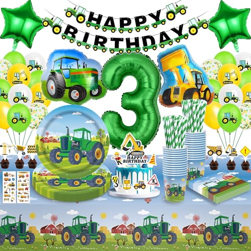 Traktor Partygeschirr Kindergeburtstag 3, Traktor Geburtstag Deko 3 Jahre, Traktor Deko Kindergeburtstag 3, Geburtstag Deko 3 Jahre Junge Traktor Luftballons Pappteller Tischdecke für Junge 16 Gäste von Eviznbou