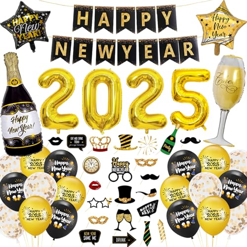 Silvester Deko 2024 Dekoration Set, Neujahr Silvesterdeko, Happy New Year Girlande, Fotorequisiten Schwarz Gold Luftballons Konfetti Ballons Zahlen Folienballon von Eviznbou