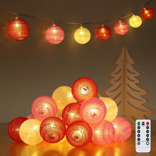 Ewikin Lichterkette Baumwollkugeln, 20 LED Kugeln Lichterkette USB & Batteriebetrieben, Lichterkette Kinderzimmer Mädchen mit Fernbedienung, Cotton Ball Lichterkette Innen für Hausbett Deko, Zimmer von Ewikin