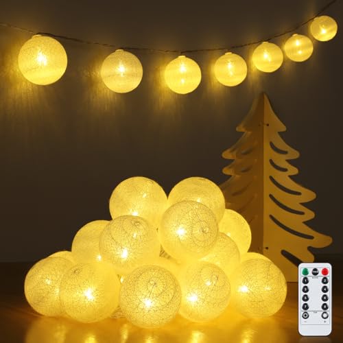 Ewikin Lichterkette Baumwollkugeln, 20 LED Kugeln Lichterkette USB & Batteriebetrieben, Lichterkette Kinderzimmer mit Fernbedienung, Cotton Ball Lichterkette Innen für Hausbett Deko, Zimmer, Party von Ewikin