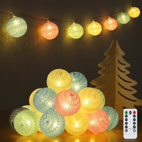 Ewikin Lichterkette Baumwollkugeln, 20 LED Kugeln Lichterkette USB & Batteriebetrieben, Lichterkette Kinderzimmer mit Fernbedienung, Cotton Ball Lichterkette Innen für Zimmer Deko, Teenager, Mädchen von Ewikin