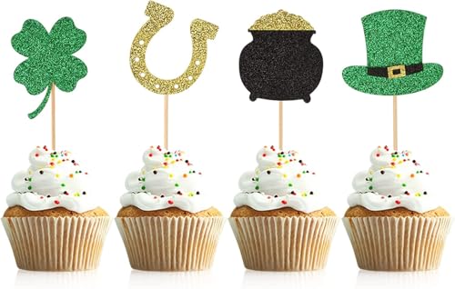 St. Patricks Day Dekorationen, Cupcake-Topper, vierblättriges Kleeblatt, Kuchendekoration, glitzernde Cupcake-Topper, irische Essenspieße für St. Patrick's Day, Partyzubehör, 12 Stück von Ewlpi