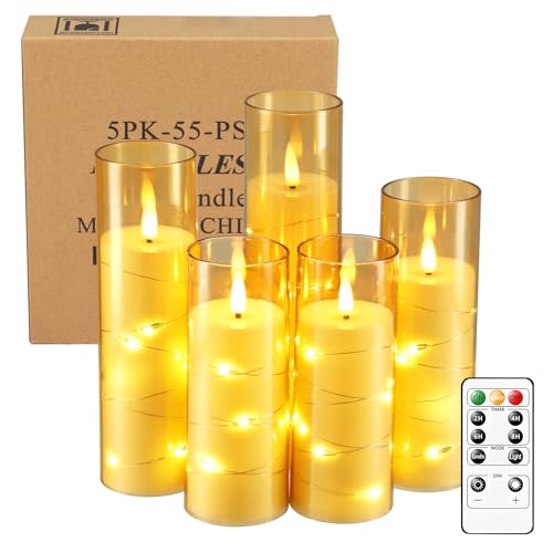 ExKeen LED Kerzen Set mit Fernbedienung Timer, 5er-Set Elektrische Kerzen mit Lichterkette, Flammenlose Kerze LED Stumpenkerzen für Bad Deko, Tischdeko Wohnzimmer,14/16/18/20cm (Gold) von ExKeen