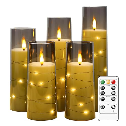 ExKeen LED Kerzen Set mit Fernbedienung Timer, 5er-Set Elektrische Kerzen mit Lichterkette, Flammenlose Kerze LED Stumpenkerzen für Bad Deko, Tischdeko Wohnzimmer,14/16/18/20cm (Grau) von ExKeen