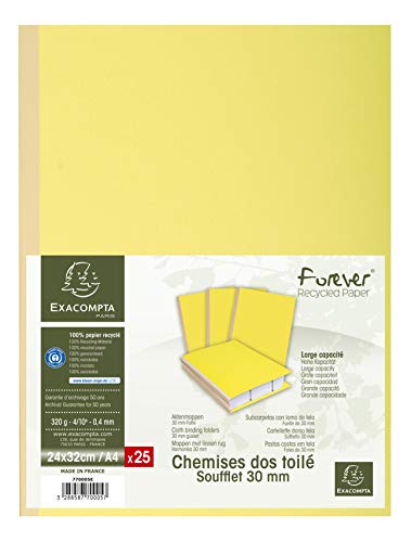 Exacompta 770005E 25er Pack Aktenmappen Forever®. Mit Leinenrücken 320 g/m² Rückenstärke 30 mm Falte Blauer Engel zertifiziert für DIN A4 gelb Sammelmappe Dokumentenmappe von Exacompta