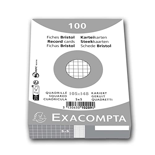 Exacompta 10209E 100er Pack Karteikarten kariert DIN A6 in Folie eingeschweißt 10,5 x 14,5 cm ideal für die Schule und Universität zum Lernen weiß von Exacompta