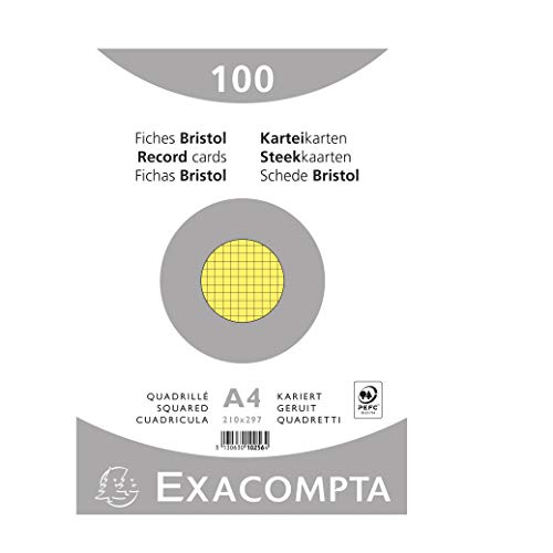 Exacompta 10256E 100er Pack Karteikarten kariert DIN A4 in Folie eingeschweißt 21 x 29,7 cm ideal für die Schule und Universität zum Lernen gelb von Exacompta