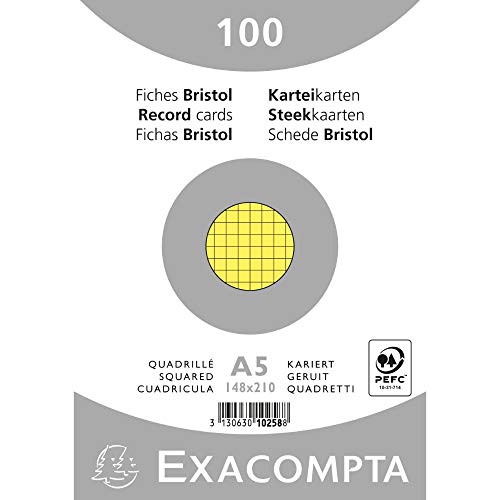 Exacompta 10258E 100er Pack Karteikarten kariert DIN A5 in Folie eingeschweißt 14,8 x 21 cm ideal für die Schule und Universität zum Lernen gelb von Exacompta