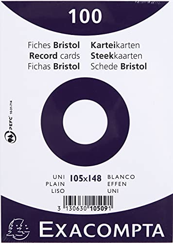 Exacompta 10509E 100er Pack Karteikarten blanko DIN A6 in Folie eingeschweißt 105 x 148 mm ideal für die Schule und Universität zum Lernen weiß von Exacompta