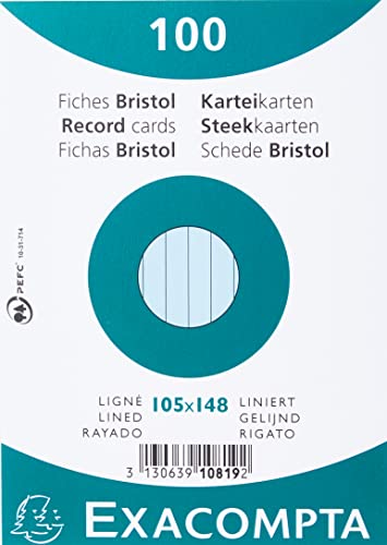 Exacompta 10819SE 100er Pack Karteikarten liniert DIN A6 in Folie eingeschweißt 10,5 x 14,5 cm ideal für die Schule und Universität zum Lernen blau von Exacompta