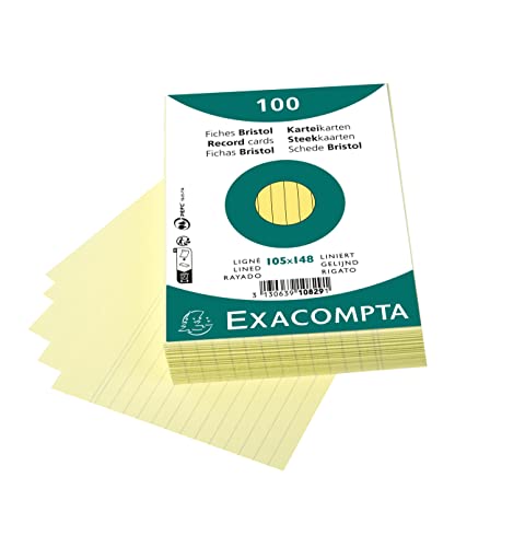 Exacompta 10829SE 100er Pack Karteikarten liniert DIN A6 in Folie eingeschweißt 10,5 x 14,5 cm ideal für die Schule und Universität zum Lernen gelb von Exacompta