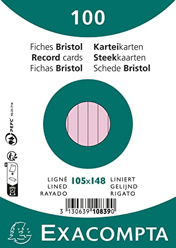 Exacompta 10839SE 100er Pack Karteikarten liniert DIN A6 in Folie eingeschweißt 10,5 x 14,5 cm ideal für die Schule und Universität zum Lernen rosa von Exacompta