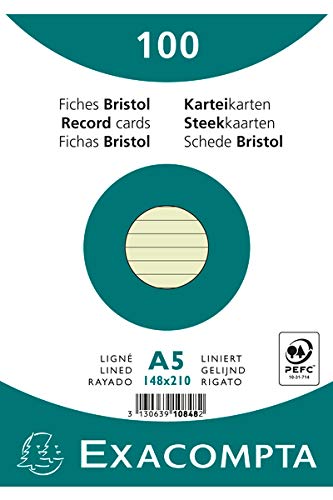 Exacompta 10848SE 100er Pack Karteikarten liniert DIN A5 in Folie eingeschweißt 14,8 x 21 cm ideal für die Schule und Universität zum Lernen grün von Exacompta