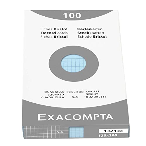 Exacompta Bristol Karteikarten, kariert, 125 x 200 mm, 205 g/m², kompatibel mit Druckern, geeignet für Prüfungsüberarbeitung und Notizen, Blau von Exacompta