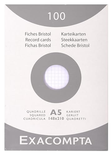 Exacompta 13208E 100er Pack Karteikarten kariert DIN A5 in Folie eingeschweißt 14,8 x 21 cm ideal für die Schule und Universität zum Lernen weiß, 205 g von Exacompta