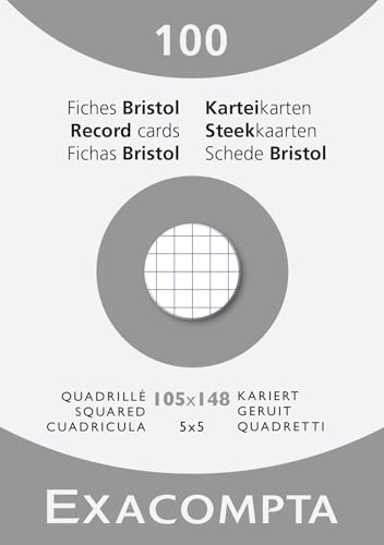 Exacompta 13209E Karteikarten, kariert, 5x5, ungelocht, Format 105 x 148 mm, für Tintenstrahldrucker, Laserdrucker und Kopierer, Weiß, 10 Packungen à 100 Stück von Exacompta