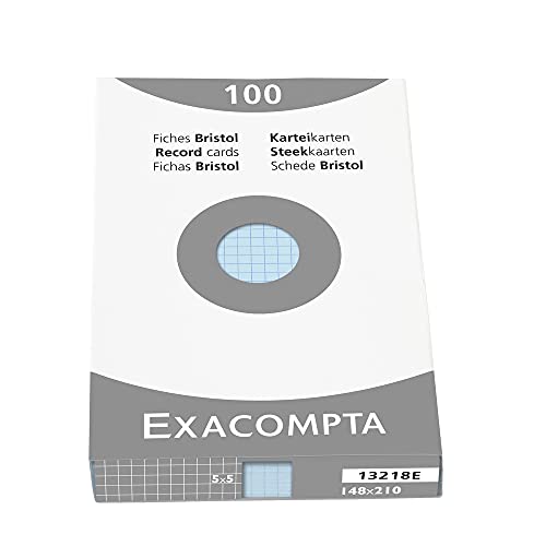 Exacompta 13218E Packung (mit 100 Karteikarten, ungelocht DIN A5, 148 x 210 mm, 205 g, kariert, ideal für die Schule) 1er Pack azurblau von Exacompta