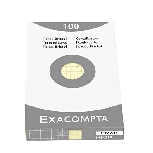 Exacompta 13228E Packung (mit 100 Karteikarten, ungelocht DIN A5, 148 x 210 mm, 205 g, kariert, ideal für die Schule) 1er Pack gelb von Exacompta