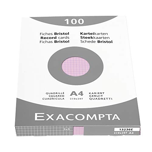 Exacompta 13236E Packung (mit 100 Karteikarten, ungelocht DIN A4, 210 x 297 mm, 205 g, kariert, ideal für die Schule) 1er Pack rosa von Exacompta