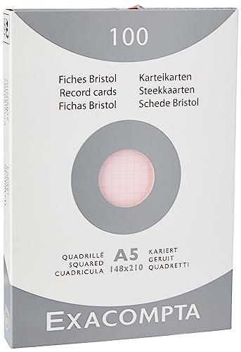 Exacompta 13238E Packung (mit 100 Karteikarten, ungelocht DIN A5, 148 x 210 mm, 205 g, kariert, ideal für die Schule) 1er Pack rosa von Exacompta