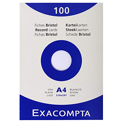 Exacompta 13306E Packung (mit 100 Karteikarten, ungelocht DIN A4, 210 x 297 mm, 205 g, blanko, ideal für die Schule) 1er Pack weiß von Exacompta