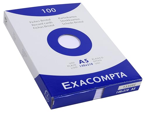 Exacompta 13308E Packung (mit 100 Karteikarten, ungelocht DIN A5, 148 x 210 mm, 205 g, blanko, ideal für die Schule) 1er Pack weiß von Exacompta