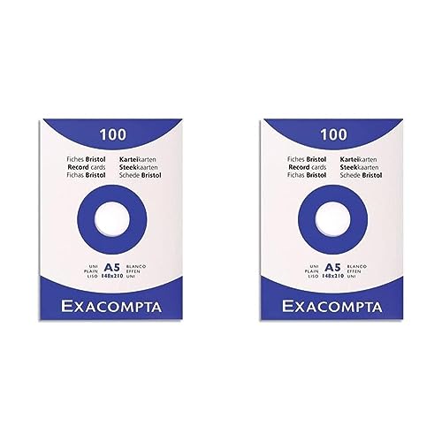 Exacompta 13308E Packung (mit 100 Karteikarten, ungelocht DIN A5, 148 x 210 mm, 205 g, blanko, ideal für die Schule) 2er Pack weiß von Exacompta