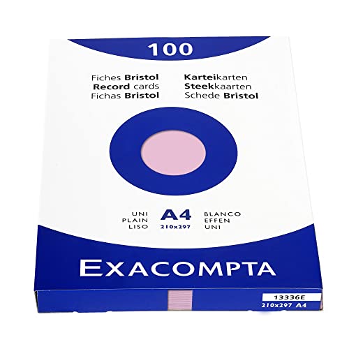 Exacompta 13336E Packung (mit 100 Karteikarten, ungelocht DIN A4, 210 x 297 mm, 205 g, blanko, ideal für die Schule) 1er Pack rosa von Exacompta