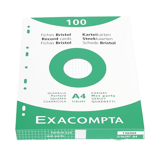 Exacompta 13606E 100er Pack Karteikarten kariert DIN A4 in Kartonschachtel 21 x 29,7 cm gelocht ideal für die Schule und Universität zum Lernen weiß von Exacompta