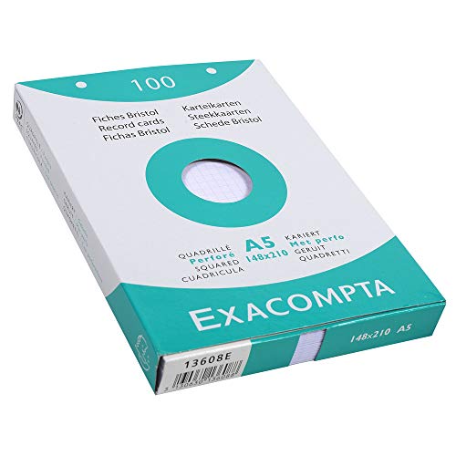 Exacompta 13608E 100er Pack Karteikarten kariert DIN A5 in Kartonschachtel 14,8 x 21 cm gelocht ideal für die Schule und Universität zum Lernen weiß von Exacompta