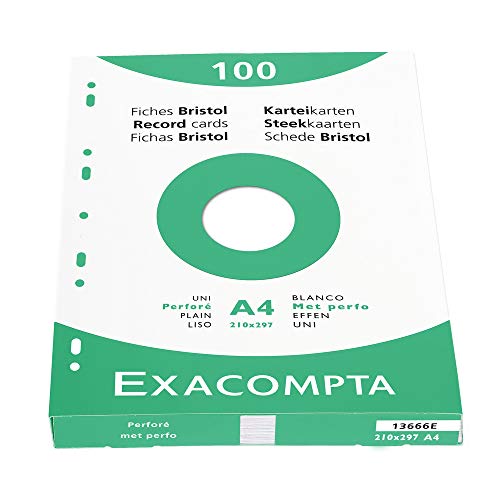 Exacompta 13666E 100er Pack Karteikarten blanco DIN A4 in Kartonschachtel 21 x 29,7 cm gelocht ideal für die Schule und Universität zum Lernen weiß von Exacompta