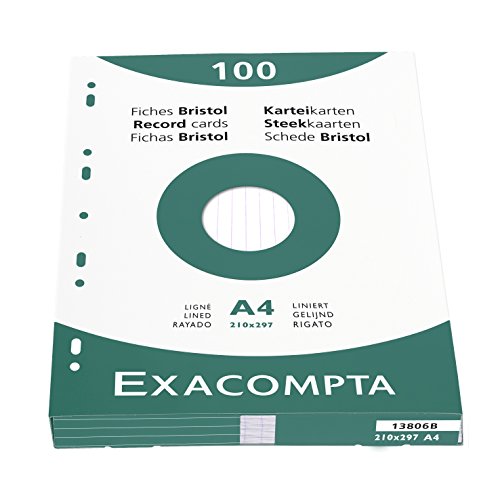 Exacompta 13806B 100er Pack Karteikarten liniert DIN A4 in Kartonschachtel 21 x 29,7cm ideal für die Schule und Universität zum Lernen weiß von Exacompta