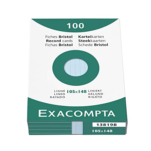 Exacompta 13819B 100er Pack Karteikarten liniert DIN A6 in Kartonschachtel 10,5 x 14,8cm ideal für die Schule und Universität zum Lernen blau von Exacompta