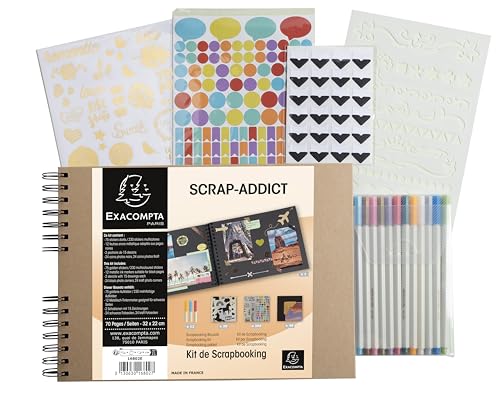 Exacompta 16802E Scrapbooking-Set SCRAP-ADDICT Spiralalbum 70 schwarze Seiten im Format 32 x 22 cm 2 Schablonen 4 Stickerbögen 2 Bögen mit selbstklebenden Ecken 12 Filzstifte von Exacompta