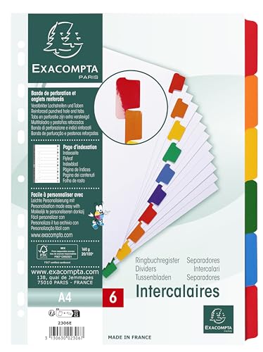 Exacompta 2306E Karton-Register Weiß für DIN A4 aus starkem Karton 6-teilig volle Höhe 22 x 29,7 cm weiße Blätter 6 farbige und verstärkte Taben zur Ablage von Prospekthüllen Trennblätter von Exacompta