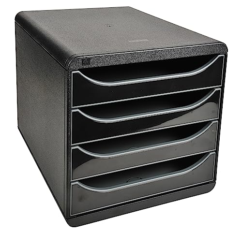 Exacompta 3104214D Premium Ablagebox mit 4 Schubladen für DIN A4+ Dokumente. Belastbare Schubladenbox mit hoher Kapazität für mehr Platz auf dem Schreibtisch Big Box Glossy Schwarz|Grau von Exacompta