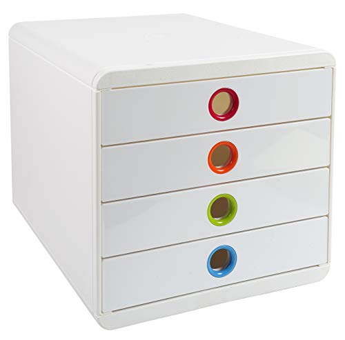 Exacompta 314398D Premium Ablagebox mit 4 Schubladen für DIN A+ Dokumente. Belastbare Schubladenbox mit hoher Kapazität für mehr Platz auf dem Schreibtisch Pop Box weiss/bunt von Exacompta