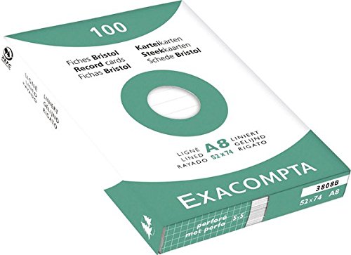 Exacompta 3808B Karteikarten (48 Packungen mit 100, 250g, in Folie eingeschweißt, DIN A8, 5,2 x 7,4 cm, liniert, ideal für die Schule) 48er Pack weiß von Exacompta